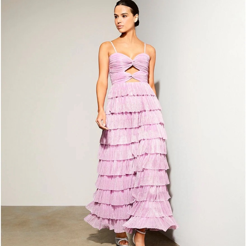NWT Gianni Bini Grace Metallic Plisse Sweetheart Neck Cut-Out Tiered Dress